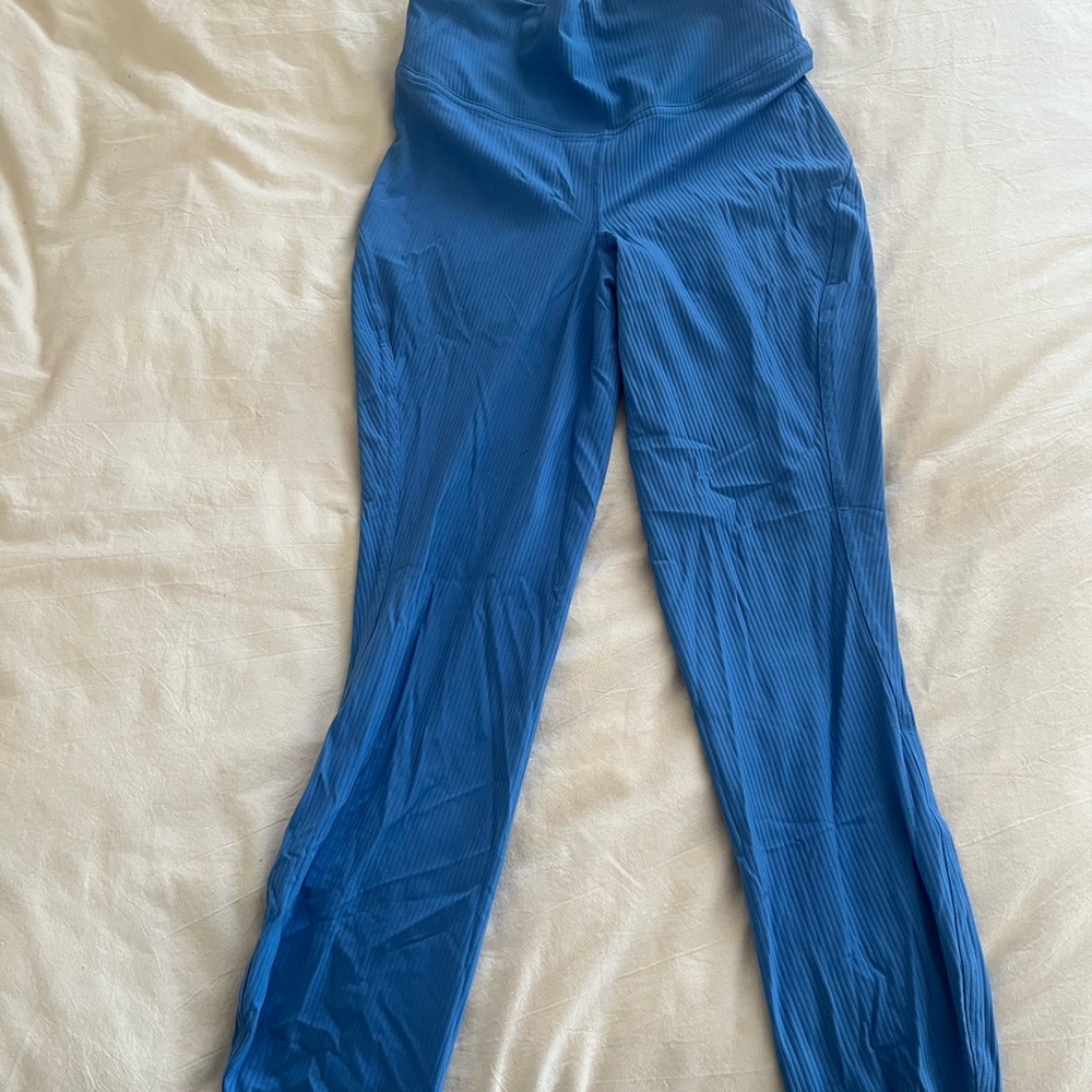 Blue Ribbed High-Waisted Leggings